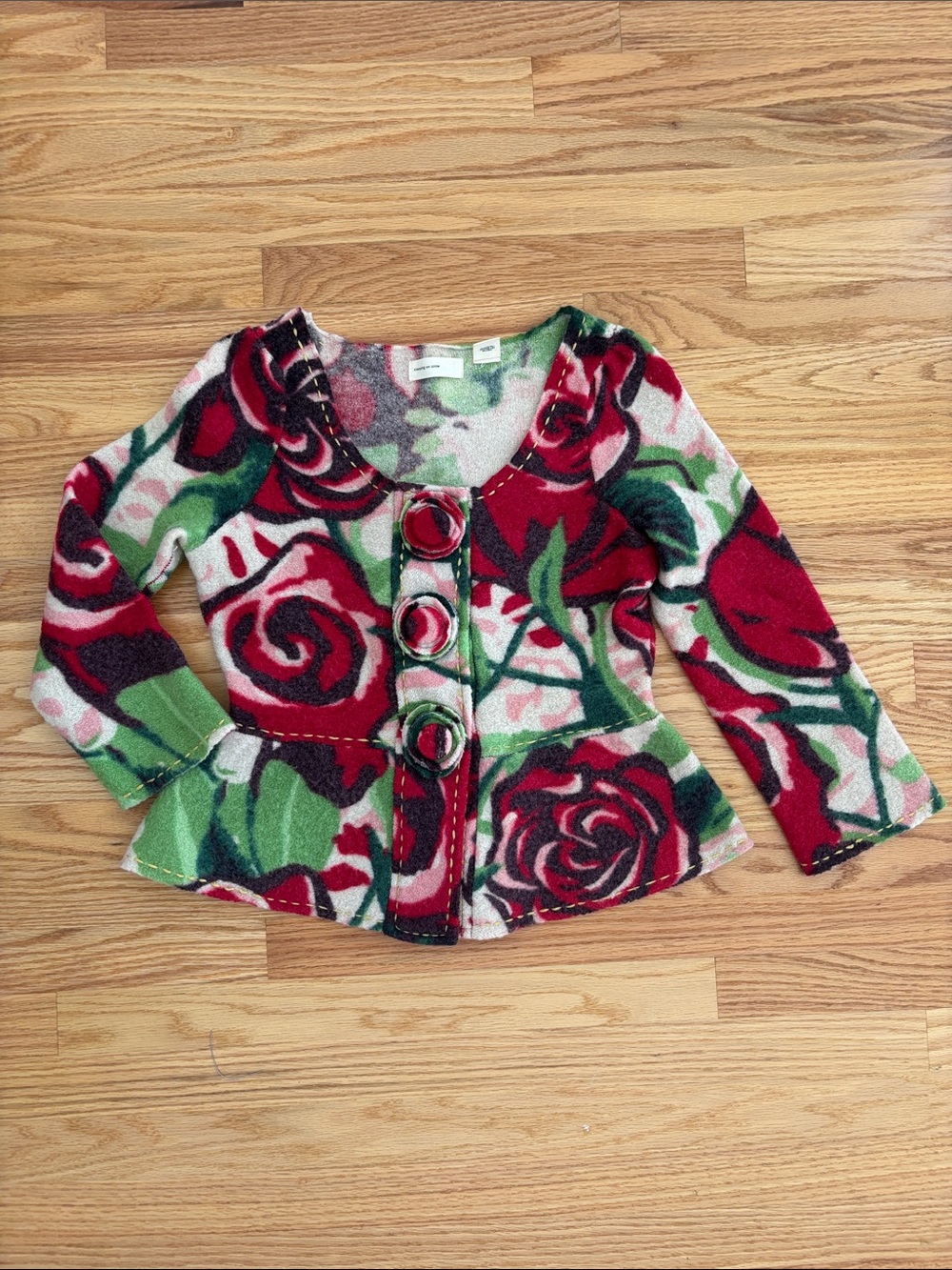 Anthropologie Red Green Floral Button Cardigan